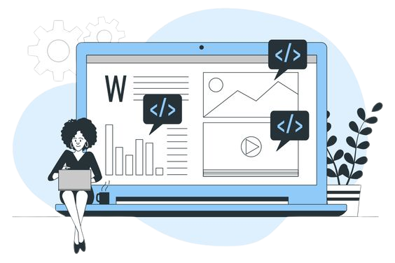 Monitor, laptop y logos de HTML, CSS, JavaScript y React.